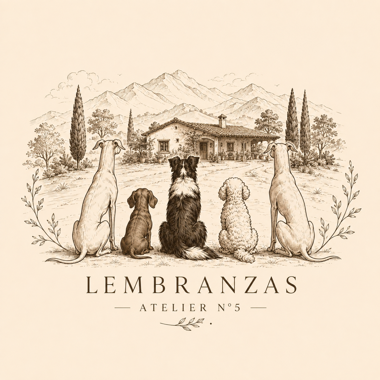 Los cinco perros de Lembranzas contemplando el atelier entre las montañas